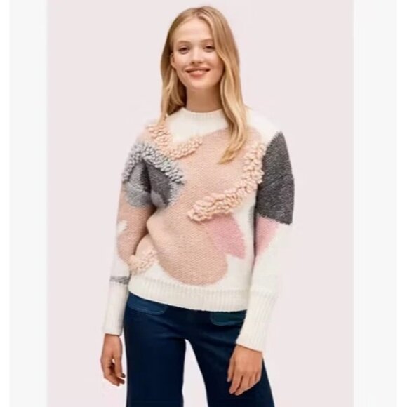 RARE Kate Spade metallic flower bloom petal alpaca sweater jumper pink gray bust - Picture 1 of 8